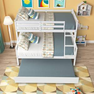 White Convertible Twin Over Full Bunk Bed with Twin Trundle, Wooden Bunk Bed with Ladder and High Safety Rails for Kids
