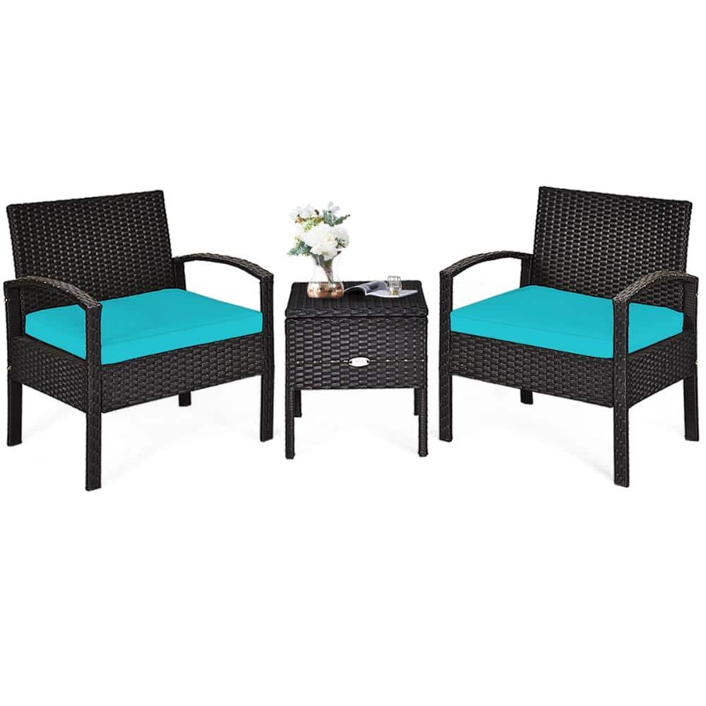 3-Piece Wicker Patio Conversation Set with Turquoise Removable Cushions, 2 Sofas and Storage Coffee Table price history on PriceWatchPro