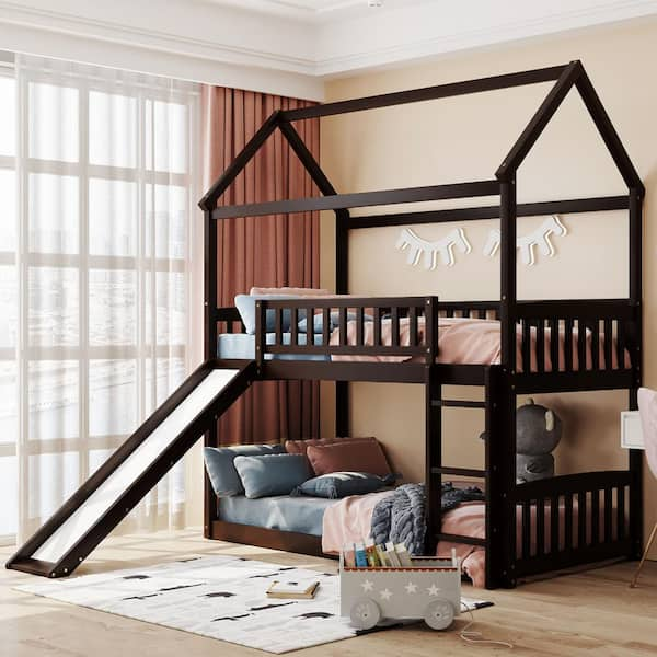 Polibi Espresso Twin Over Twin Bunk Bed With Slide, House Bed With ...