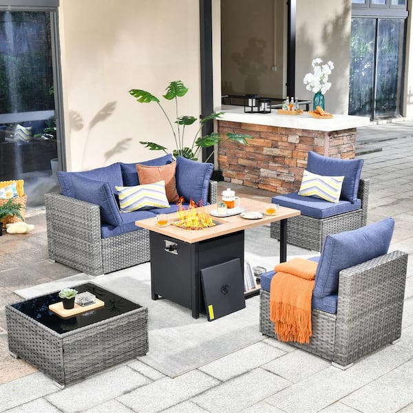 Sanibel Gray 6-Piece Wicker Outdoor Patio Conversation Sofa Set with a Storage Fire Pit and Denim Blue Cushions