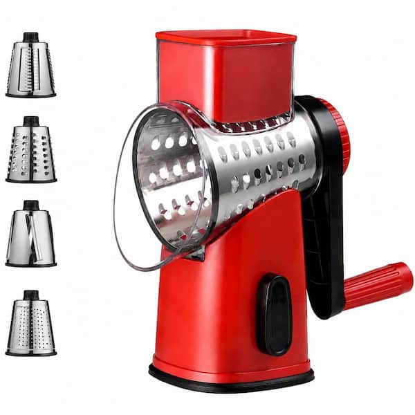 Red Rotary Cheese Grater with 4 Blades, Hand Crank Shredder with Suction Base for Slicing and Grating