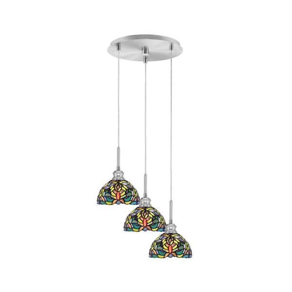 Unbranded Albany 60-Watt 14.25 in. 3-Light Brushed Nickel Cord Pendant Light Kaleidoscope Art Glass Shade