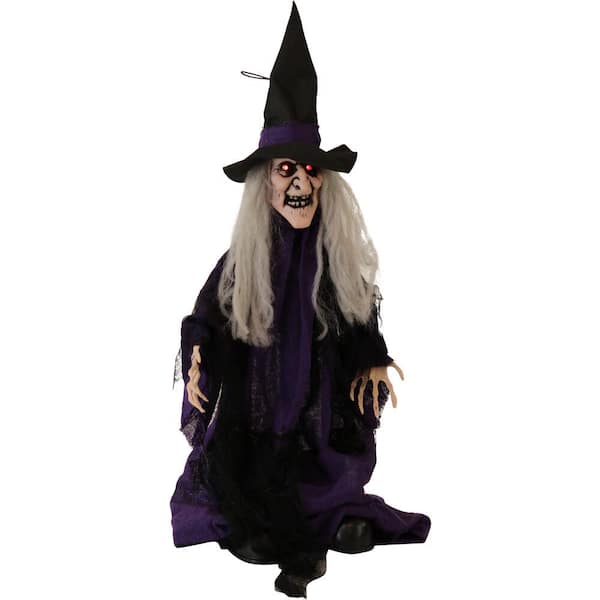 Haunted Hill Farm 27 in. Battery Operated Poseable Animatronic Witch with Red LED Eyes Halloween Prop