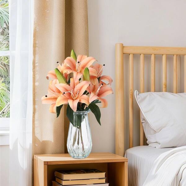 Artificial Lily Bouquet with Glass Vase 19.7 in. Tall, Lifelike