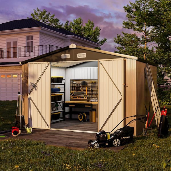 SUNMTHINK 10 ft. W x 8 ft. D Brown Outdoor Metal Storage Shed with