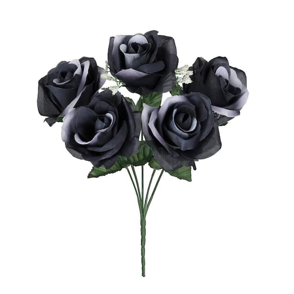 14 in. Black White Artificial Open Rose Flower Stem Bush Bouquet (Set of 12)