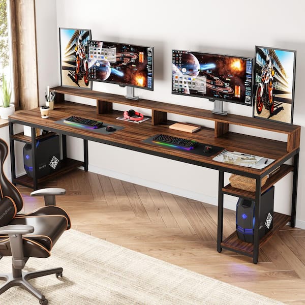 Witham 78.7 in. W Rectangle Rustic Brown Wood Computer Desk 2-Person Desk with Monitor Stand and 2-Tier Storage Shelf