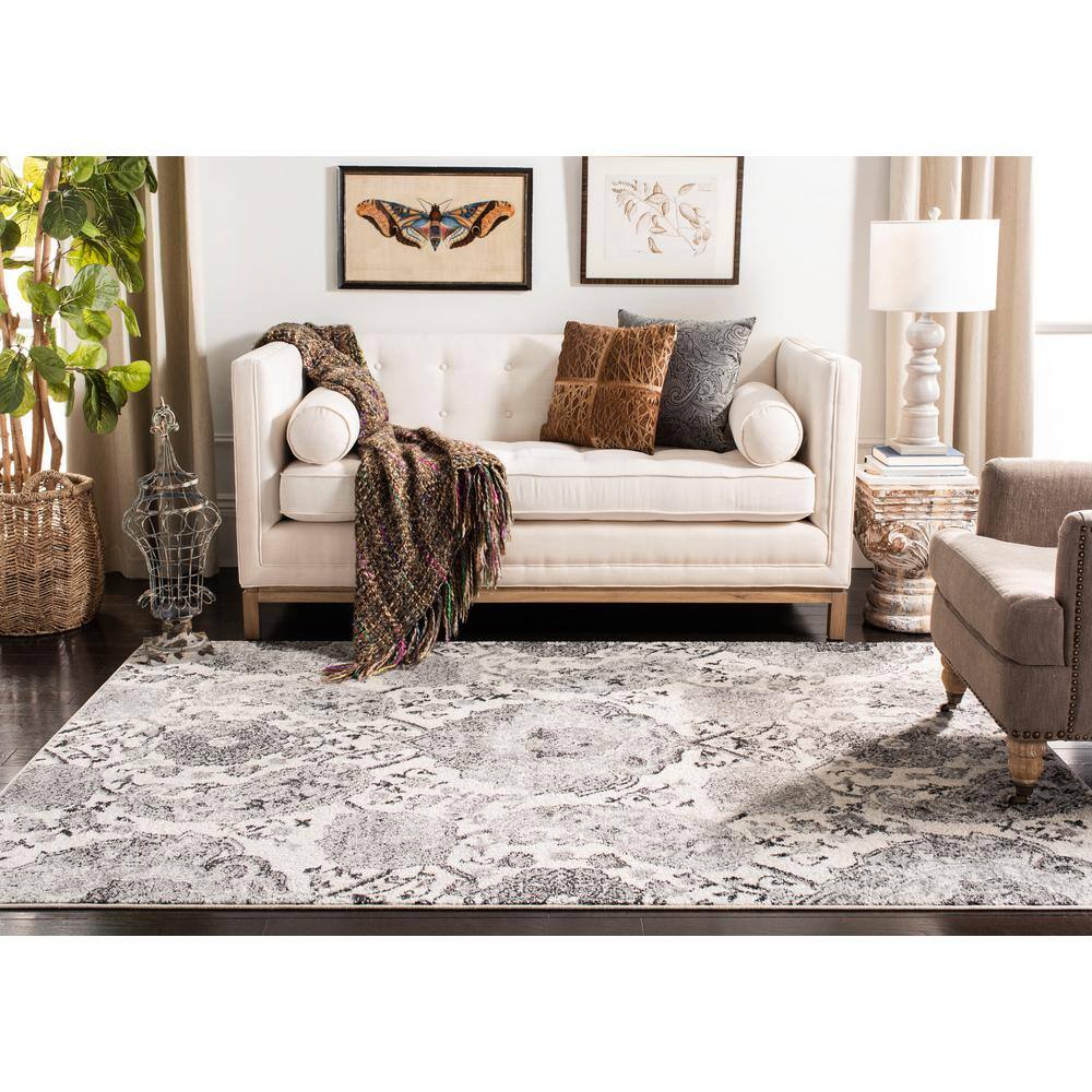Cream and Silver Rectangular Synthetic Easy Care Area Rug