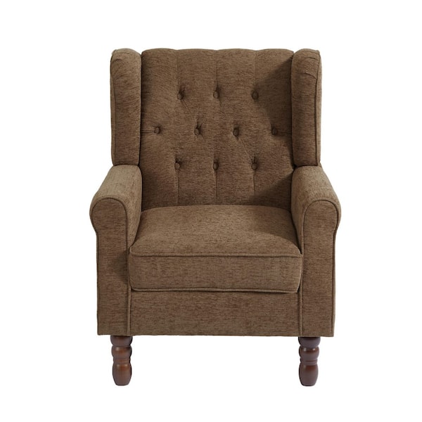 Modern Brown Linen Upholstered Button High Back Accent Arm Chair With Wood Legs (Set of 1)