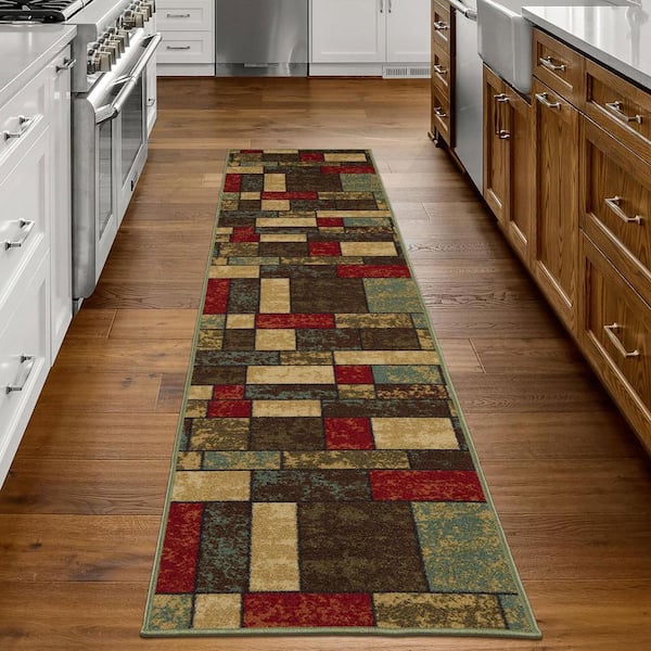 Ottohome Collection Non-Slip Rubberback Boxes Design 2x7 Indoor Runner Rug, 1 ft. 10 in. x 7 ft., Multicolor