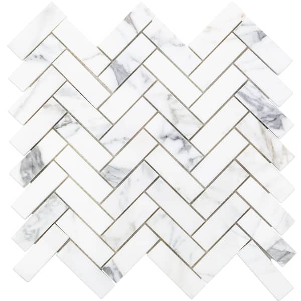 Ivy Hill Tile Calacatta Herringbone 3 in. x 6 in. x 10.5 mm Marble Mosaic Tile Sample