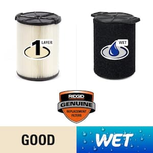 Standard Pleated Paper Filter and Wet Application Foam Filter for Most 5 Gallon and Larger RIDGID Wet/Dry Shop Vacuums