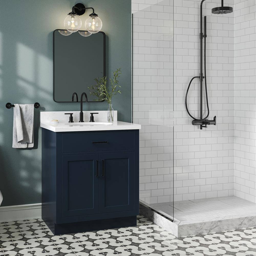 Midnight Blue Hardwood Freestanding Single Basin Vanity with Quartz Top