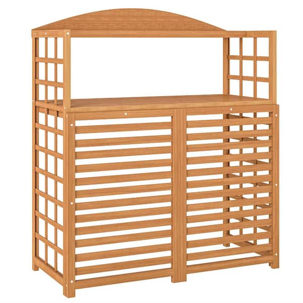 Light Brown Outdoor Air Conditioner Fence Cover with Open Shelves, Wood Outdoor Privacy Screen Potting Table