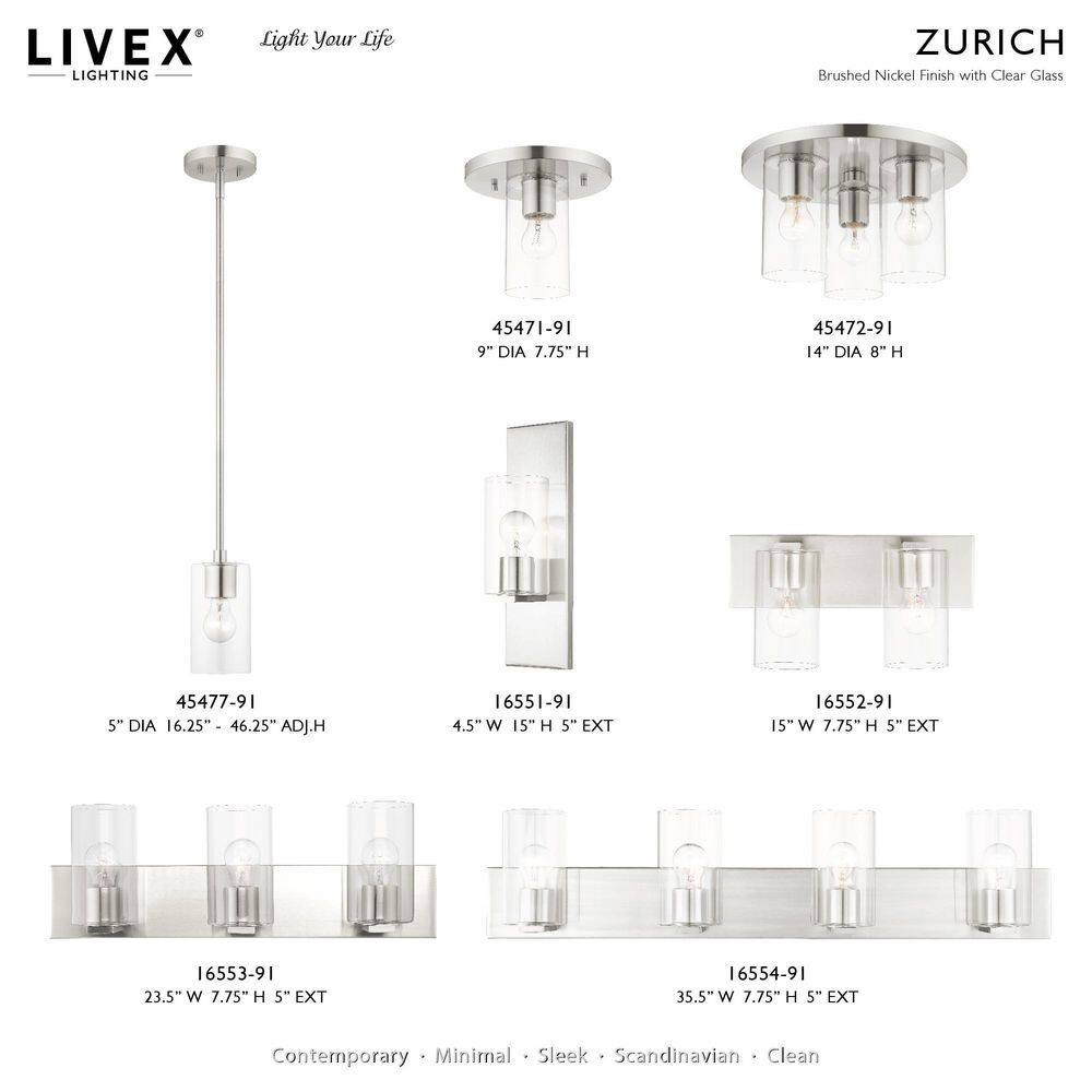 Zurich Brushed Nickel 1-Light Pendant with Clear Glass