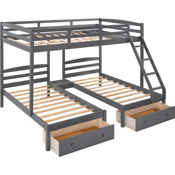 Full Over Twin Triple Bunk Bed, 3 Mattress Bunk Beds