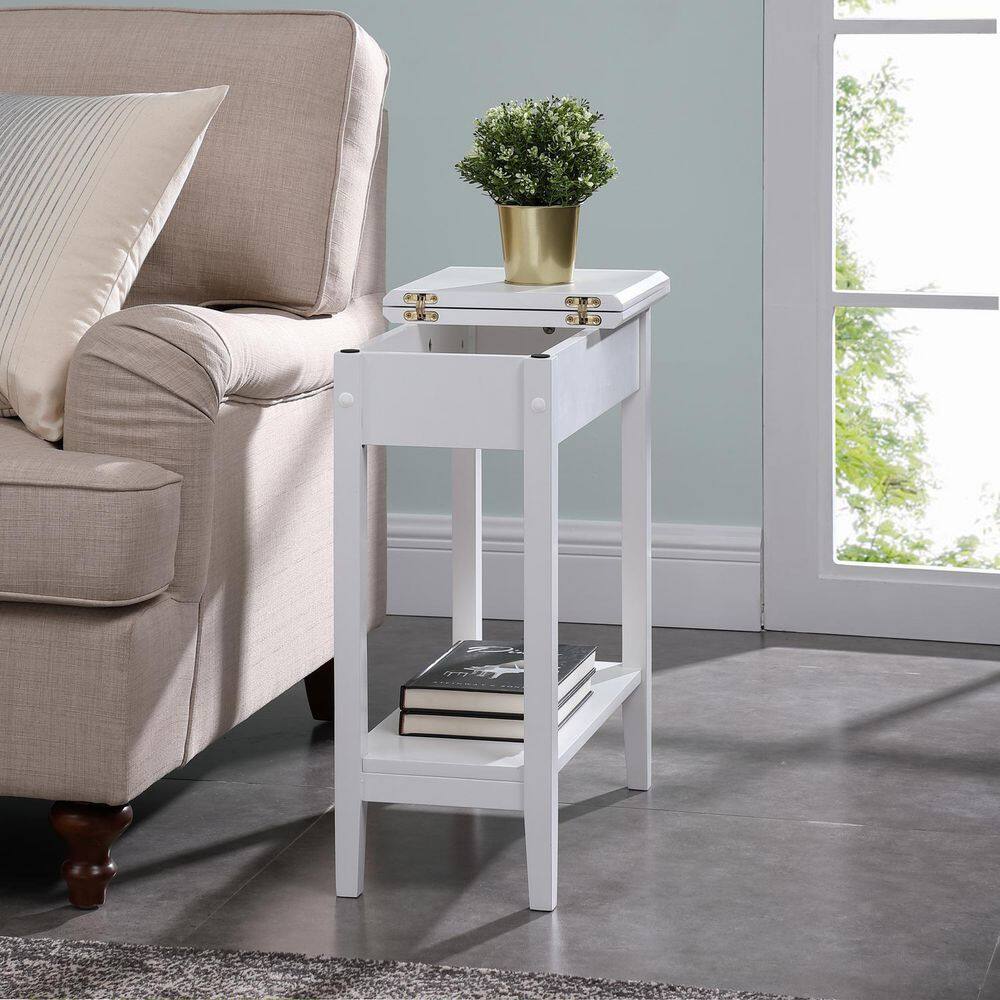 HOMESTOCK White Narrow End Table with Storage, Flip Top Narrow Side
