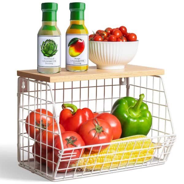 1 Piece Stackable Wall-Mounted Metal Kitchen Storage Basket Set with Wooden Lid & Banana Hooks for Kitchen Counter