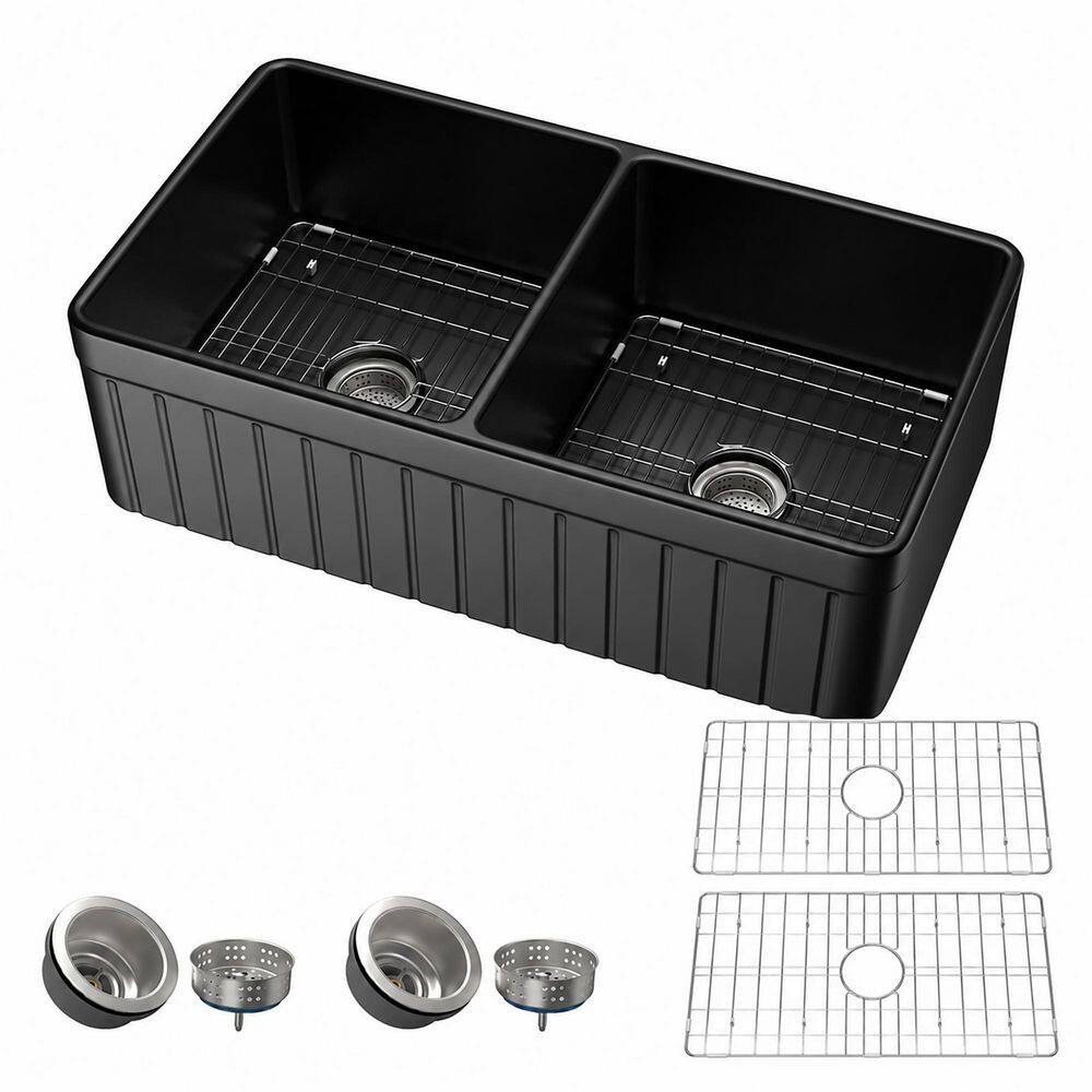 Zeafive Fia 33 in. Farmhouse Apron Front Double Bowls Matte Black