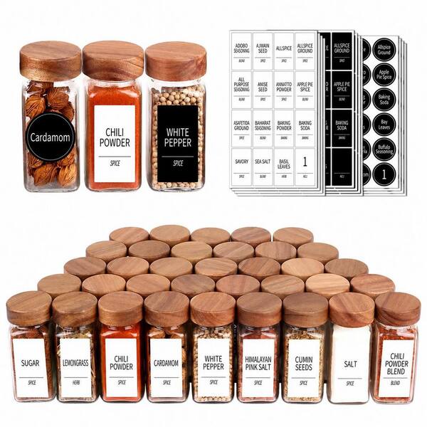 36-Piece 4 oz Square Glass Spice Jars with Acacia Wood and Shaker Lids, 547 Labels, Chalk Pen