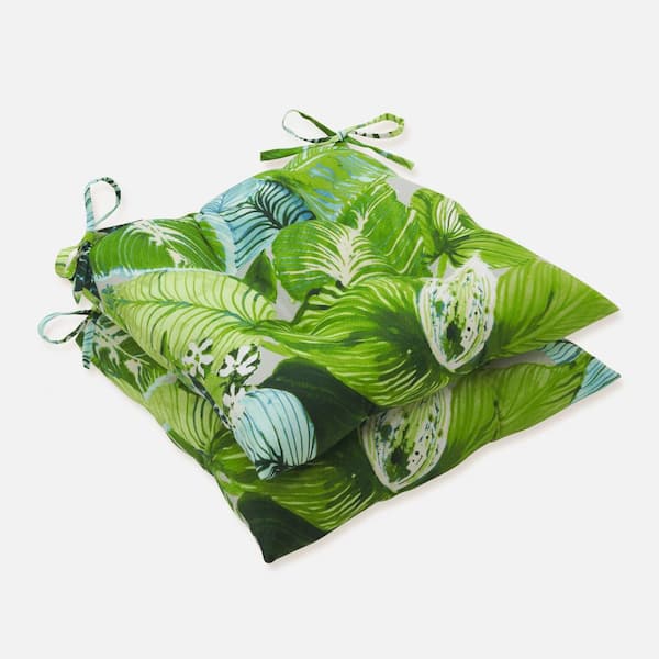 Pillow Perfect Floral 19 in. x 18.5 in. Outdoor Dining Chair Cushion in Green/Blue/Off-White (Set of 2)