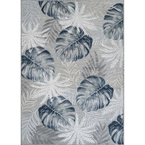 Jungle Blue 10 ft. x 14 ft. Washable Tropical Floral Indoor Outdoor Area Rug