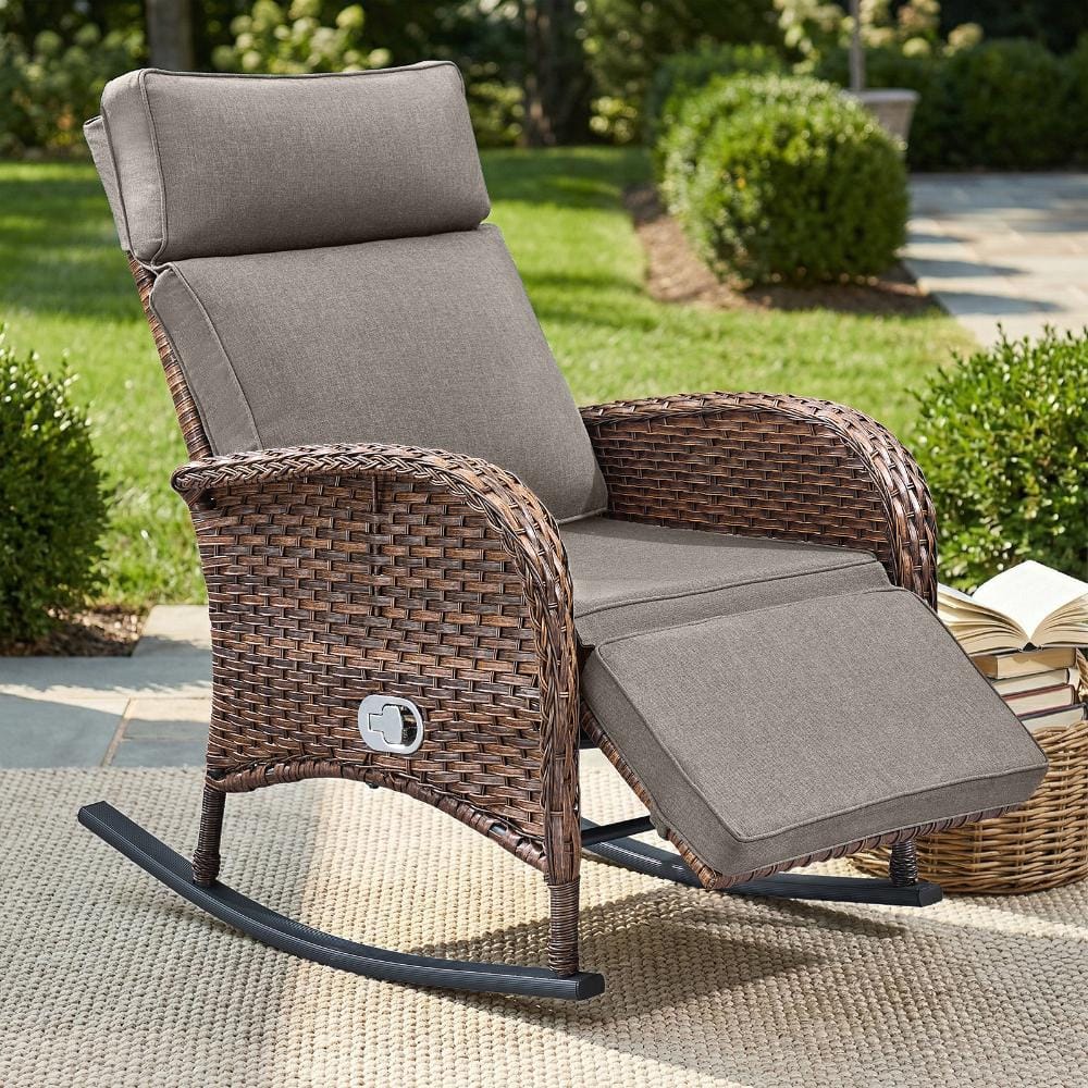 Rotavia 1-Piece Wicker Outdoor Rocking Chair Patio Recliner with Gray Cushions, Adjustable Backrest and Footrest price history on PriceWatchPro
