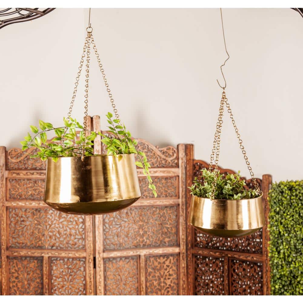 Gold Metal Indoor Outdoor Hanging Planters with Chains, Set of 2