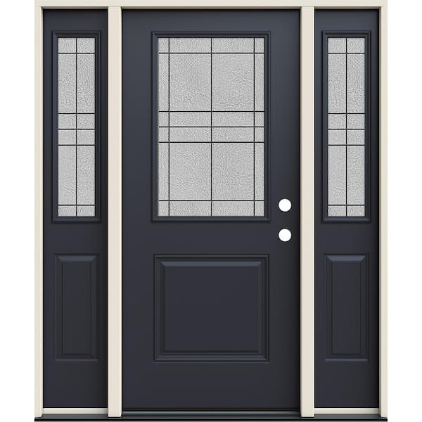 JELD-WEN 36 in. x 80 in. Left-Hand/Inswing 1/2 Lite Dilworth Decorative Glass Black Steel Prehung Front Door with Sidelites