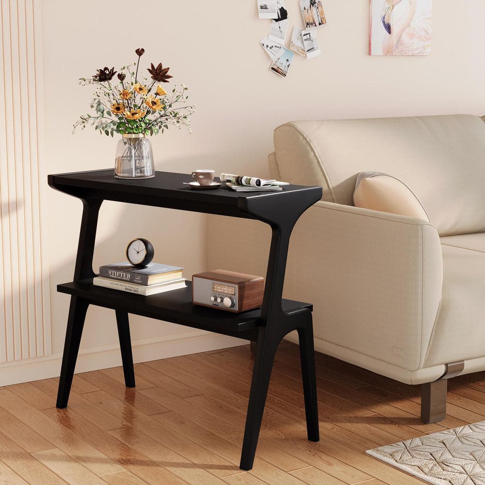 Kerlin 27.56 in. Black Rectangular Wood Sofa Side Table, 2-Tier End Table with Storage Shelf for Living Room, 1-Piece