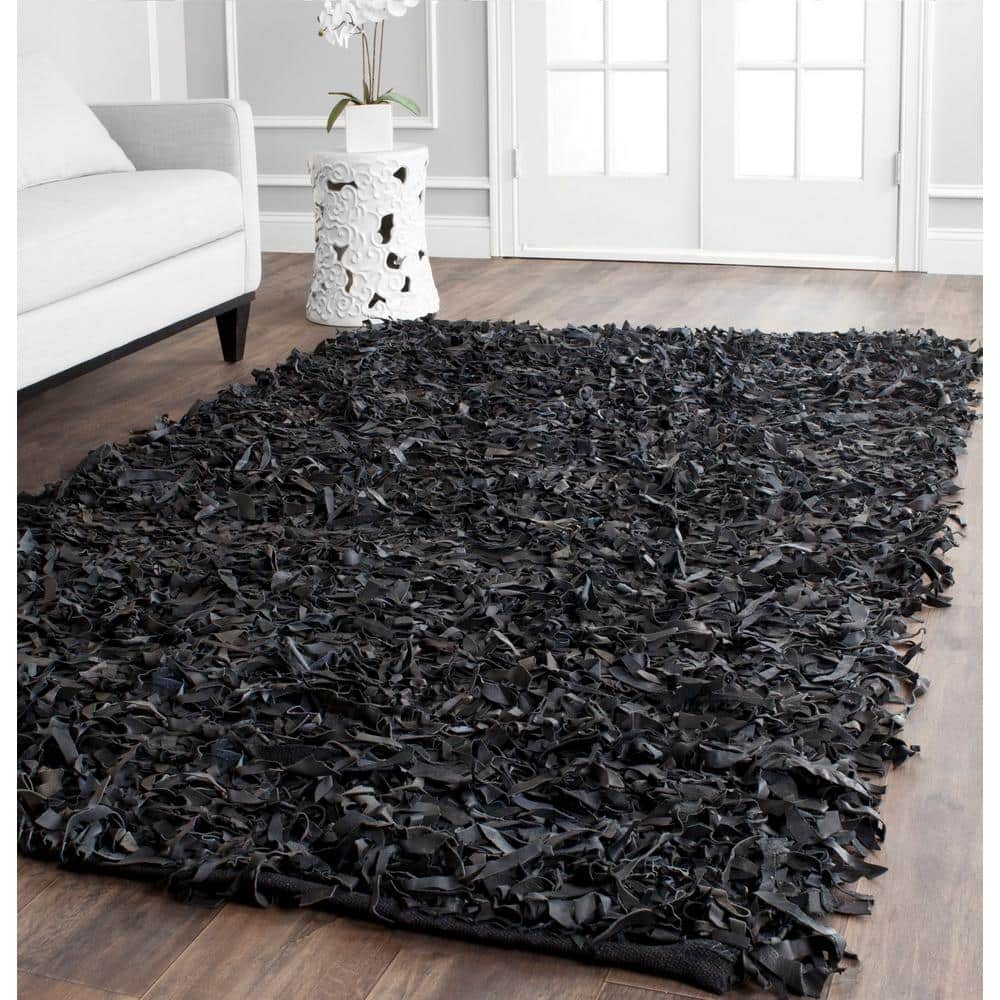 Contemporary Black Leather Hand-Knotted Shag Rug 8' x 10'