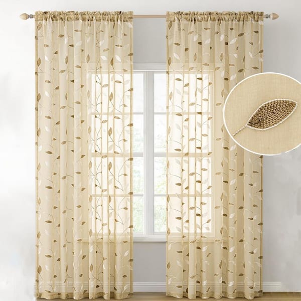 52x84 Inches Semi Sheer Embroidered Leaf  Curtains 2 Panels,Beige