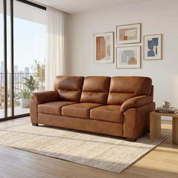 Modern 81 in. Pillow Top Arms Fabric Upholstered Rectangle Sofa in Black with Light Brown Triangular Legs
