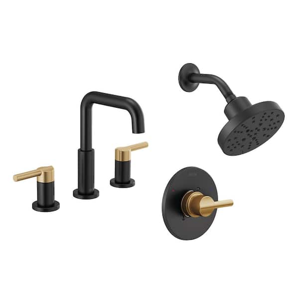 Nicoli 5-Spray Shower Faucet with 8 in. Widespread Double Handle Bathroom Faucet in Matte Black/Champagne Bronze