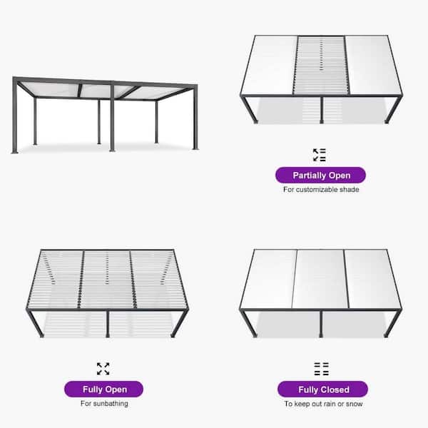 11.7 ft. x 21.2 ft. Gray Aluminum Outdoor Louvered Pergola with 3 White Individual Adjustable Roofs and In-Built Gutter