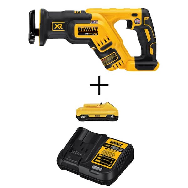 DEWALT 20V MAX XR Cordless Brushless Compact Reciprocating Saw, (1) 20V Compact Lithium-Ion 4.0Ah Battery, and 12V-20V Charger