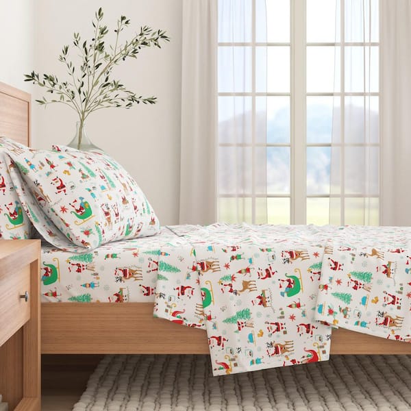 White 4-Piece Christmas Print Turkish Cotton Flannel King Sheet Set