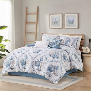 Pismo Beach 6-Piece Blue/White Cotton Full Oversized Comforter Set with Throw Pillows