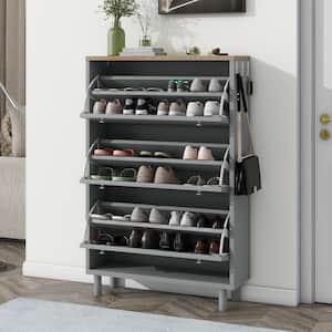 47.6 in. H x 31.5 in. W Gray Shoe Storage Cabinet with Wood Grain Pattern Top, 3 Flip Drawers, 3 Hooks, Adjustable Panel