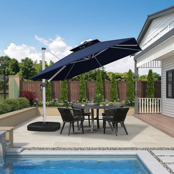 PURPLE LEAF 10 ft. Square High-Quality Aluminum Cantilever Polyester Outdoor Patio Umbrella with Wheels Base, Navy Blue