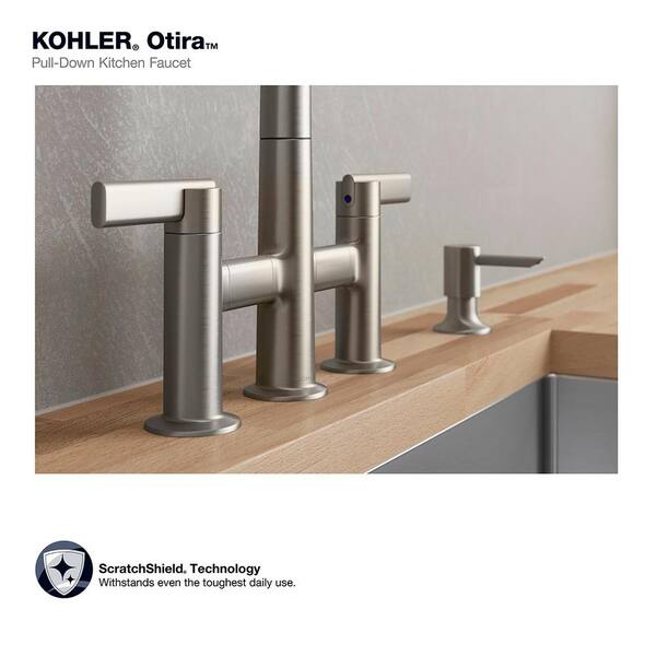 KOHLER Otira 2-Handle Bridge Pull-Down Kitchen Faucet with Soap