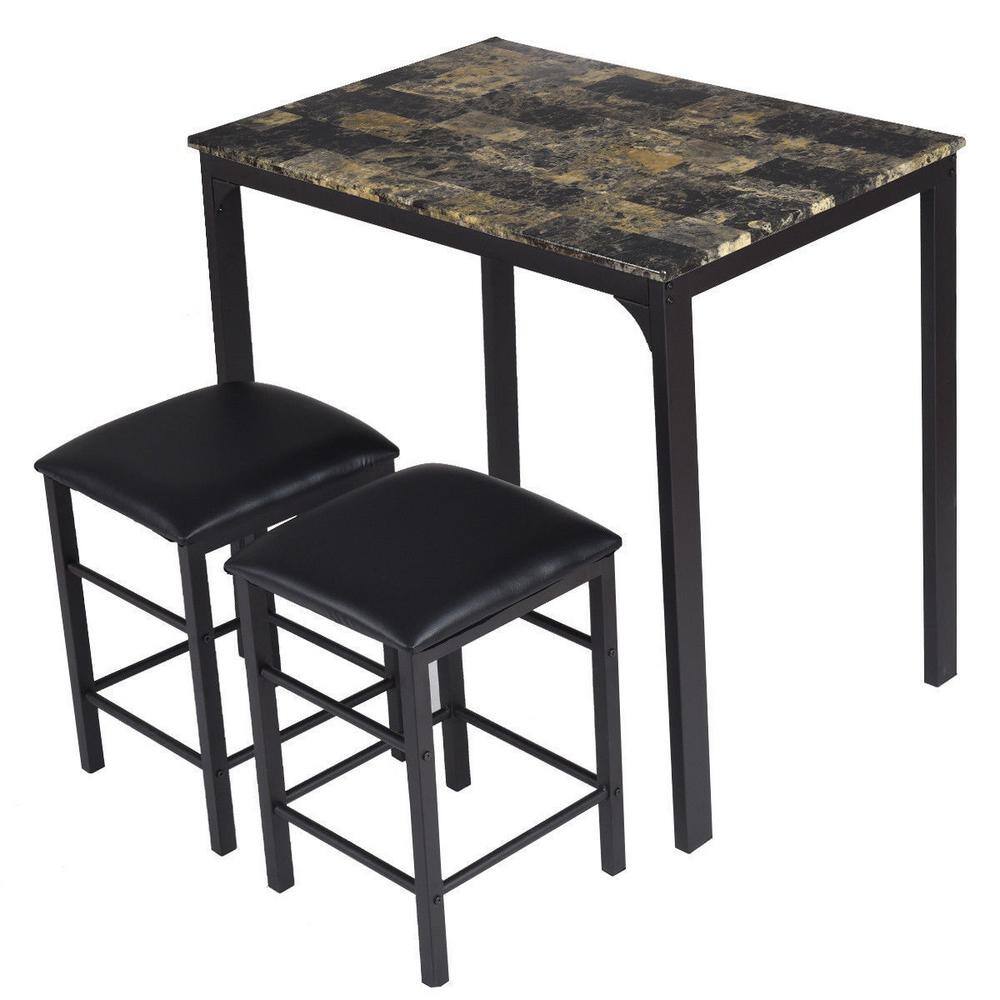 Costway 3-Piece Dark Faux Marble Pub Table Set with Black Chairs