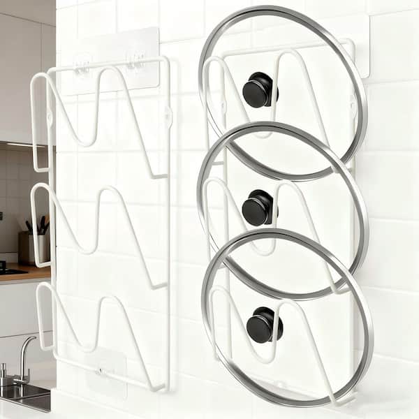 2-Piece White Pot Lid Organizer for Cabinet, 6-Tier No Drilling Wall Mounted Pot Rack for Kitchen Organization