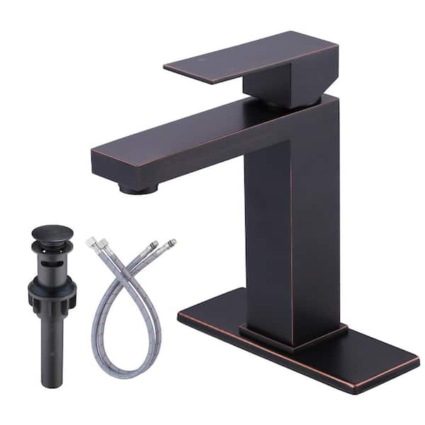 IVIGA Oil Rubbed Bronze 4-in Single Handle Bathroom Faucet with Deck Plate and Drain Kit Included in Stainless Steel