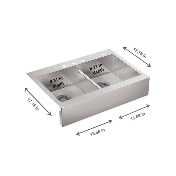 Vault Drop-In Farmhouse Apron Front Self-Trimming Stainless Steel 36 in. 4-Hole Double Bowl Kitchen Sink