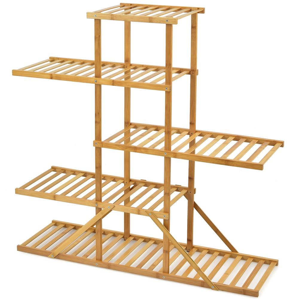39 in. Tall Indoor/Outdoor White 10 Potted Bamboo Wood Plant Stand (5-Tiere