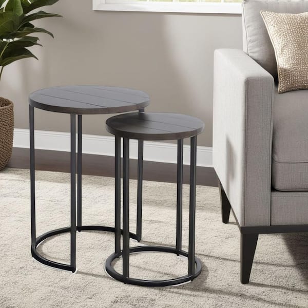 Benjara Flint 18 in. Brown and Black Round Wooden Nesting End Table