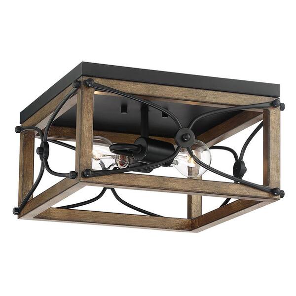 Cordelia Lighting Open square 14 in. 2-Light Painted Wood with Vintage Black Flush Mount