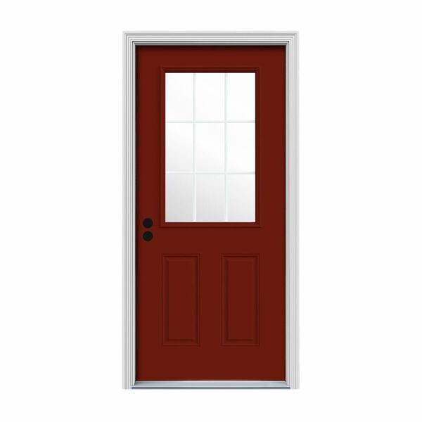 JELD-WEN 30 in. x 80 in. 9 Lite Mesa Red w/ White Interior Steel Prehung Right-Hand Inswing Entry Door w/Brickmould