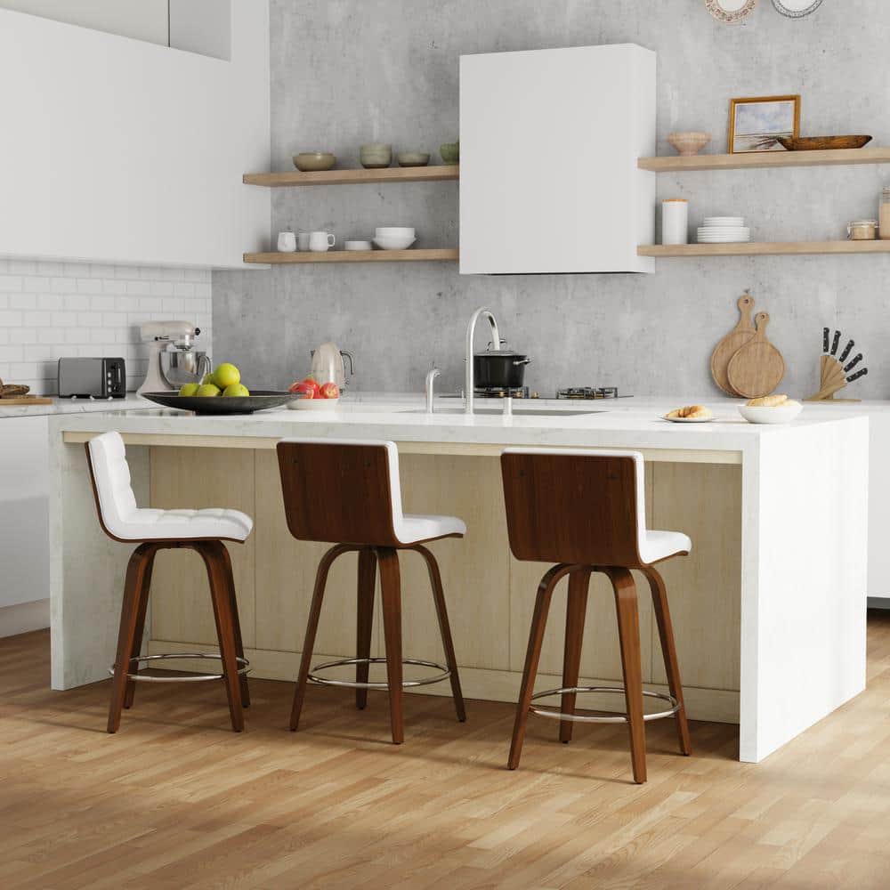 White Faux Leather and Wood Swivel Counter Stool
